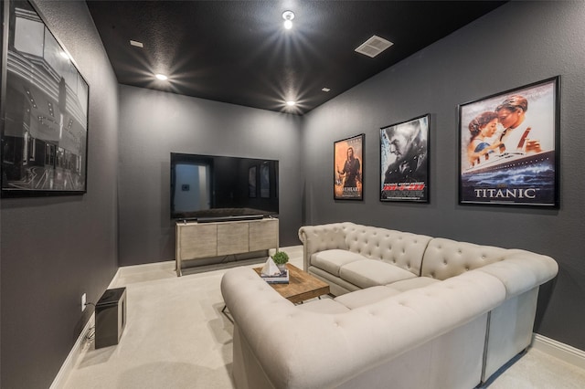 home theater room with carpet flooring, recessed lighting, visible vents, and baseboards