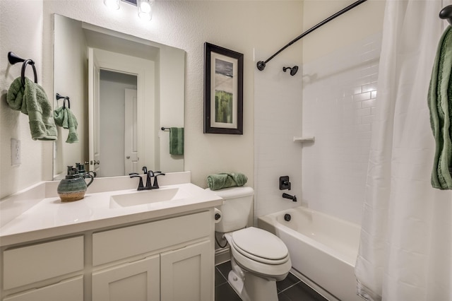 full bathroom featuring tile patterned flooring, toilet, vanity, and shower / bathtub combination with curtain