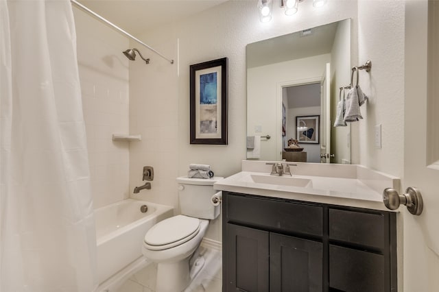 bathroom with vanity, shower / tub combo, toilet, and visible vents