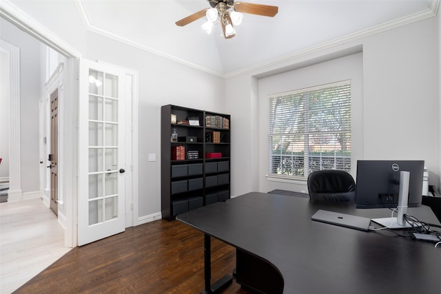 office featuring baseboards, a ceiling fan, dark wood-style flooring, vaulted ceiling, and crown molding