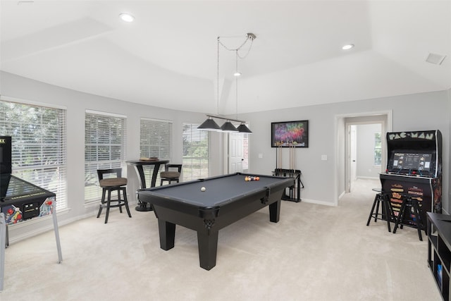 recreation room with recessed lighting, light colored carpet, billiards, and baseboards