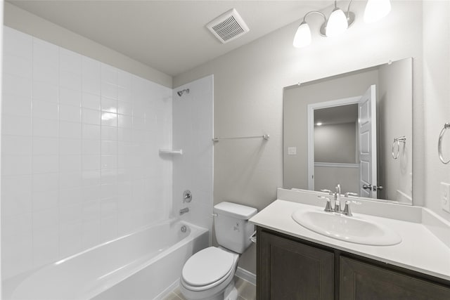 bathroom with washtub / shower combination, visible vents, vanity, and toilet