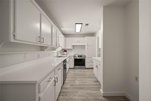 kitchen featuring a sink, visible vents, electric stove, dishwasher, and light wood finished floors