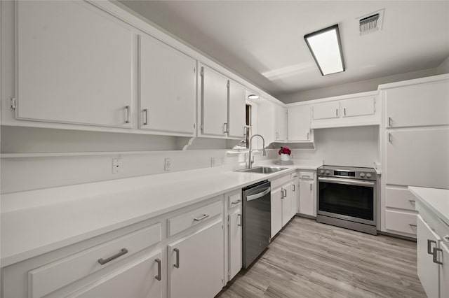 kitchen featuring visible vents, appliances with stainless steel finishes, light wood-style floors, white cabinets, and a sink