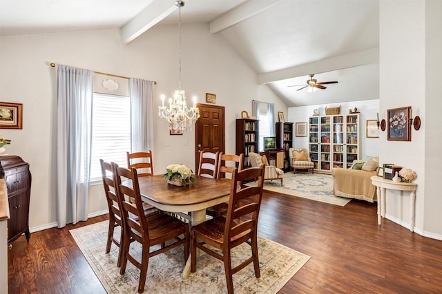 dining room featuring dark wood-type flooring, lofted ceiling with beams, baseboards, and ceiling fan with notable chandelier