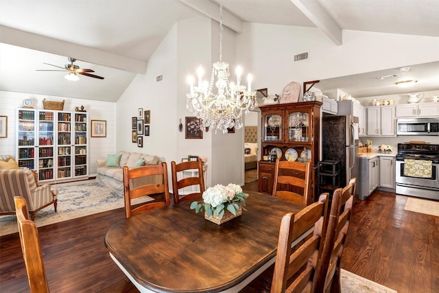 dining space featuring beam ceiling, visible vents, dark wood-style flooring, and ceiling fan with notable chandelier