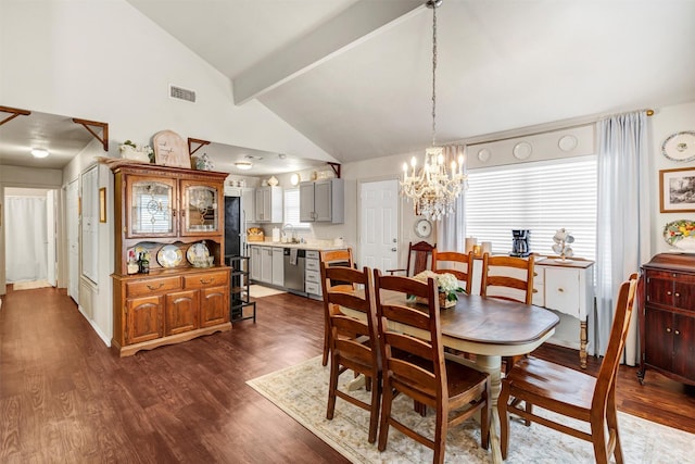 dining room with dark wood-style flooring, visible vents, an inviting chandelier, high vaulted ceiling, and beamed ceiling