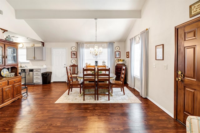 dining room featuring dark wood-type flooring, vaulted ceiling with beams, baseboards, and an inviting chandelier