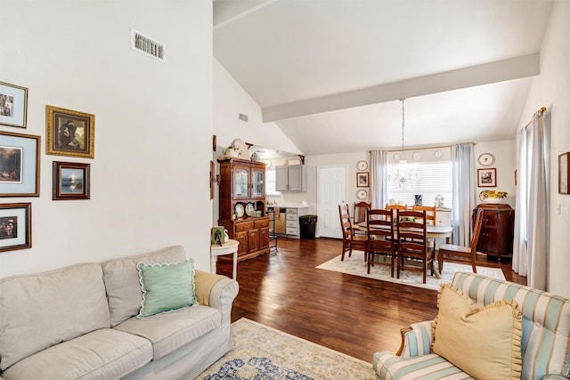 living area with high vaulted ceiling, beam ceiling, visible vents, and dark wood-style flooring