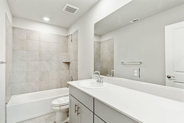 full bathroom with toilet, visible vents, shower / washtub combination, and vanity