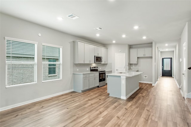 kitchen with appliances with stainless steel finishes, light wood-style flooring, a sink, and visible vents