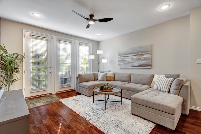 living room with recessed lighting, dark wood finished floors, and ceiling fan