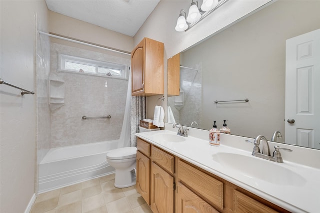 full bath featuring toilet, double vanity, a sink, and shower / tub combo with curtain