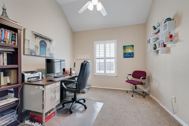 carpeted home office with a ceiling fan, lofted ceiling, and baseboards