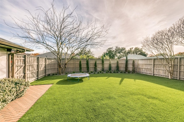 view of yard featuring a trampoline and a fenced backyard