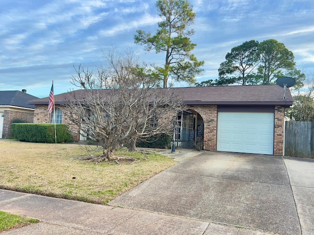 single story home featuring a garage, concrete driveway, a front lawn, and brick siding