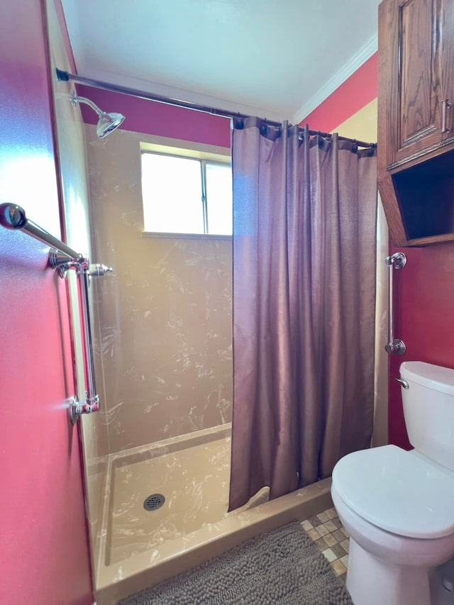 full bathroom with ornamental molding, a shower stall, and toilet