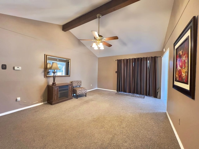 living area with vaulted ceiling with beams, ceiling fan, carpet, and baseboards