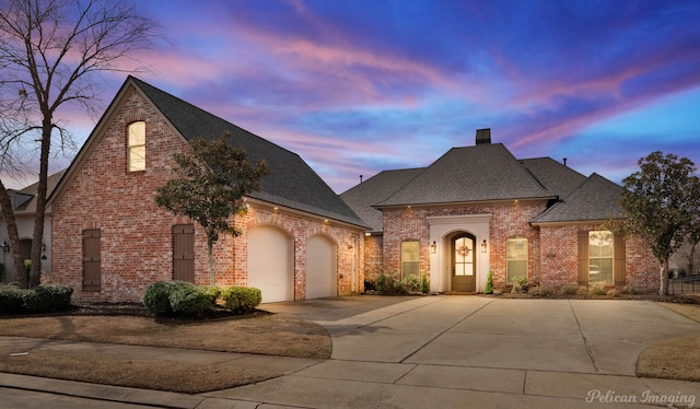 french country home featuring driveway, a shingled roof, a chimney, an attached garage, and brick siding