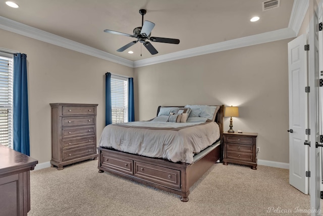 bedroom featuring ornamental molding, visible vents, light carpet, and baseboards