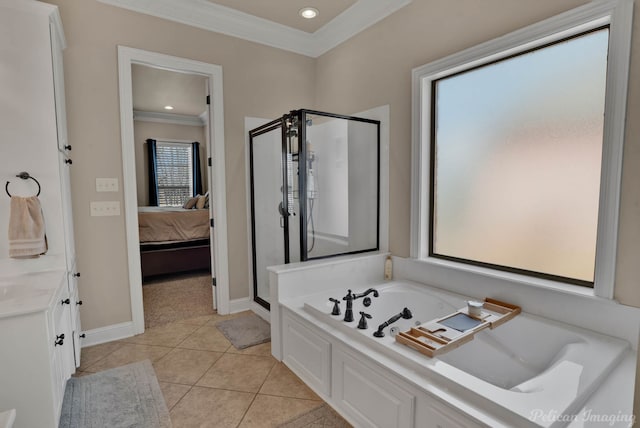 ensuite bathroom featuring ornamental molding, a stall shower, ensuite bath, tile patterned flooring, and a bath