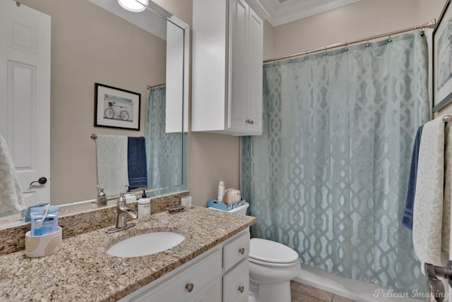 bathroom featuring crown molding, toilet, tile patterned flooring, vanity, and a shower with curtain