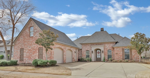 french provincial home with driveway, a garage, a chimney, roof with shingles, and brick siding