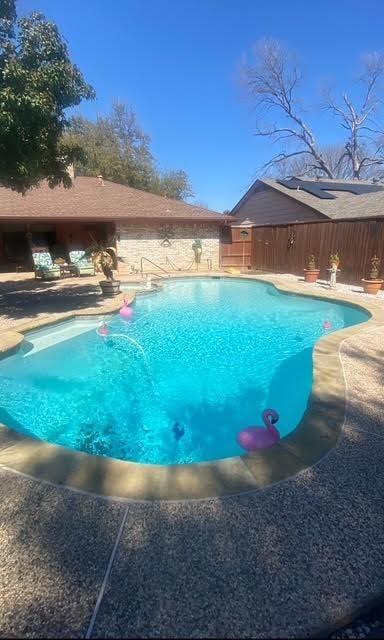 view of pool with a fenced backyard, a fenced in pool, and a patio