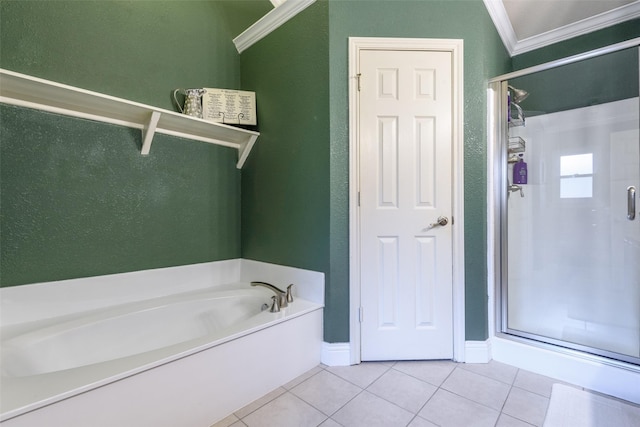 full bathroom with a garden tub, crown molding, a stall shower, baseboards, and tile patterned floors