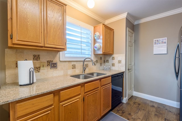 kitchen featuring baseboards, dark wood finished floors, dishwasher, ornamental molding, and a sink