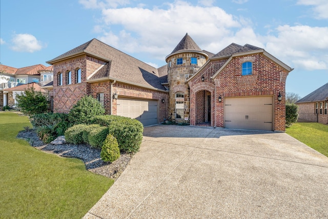 french provincial home with brick siding, driveway, a front lawn, and roof with shingles