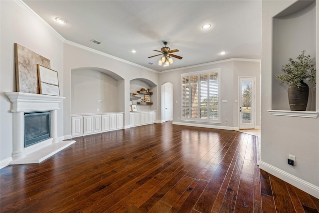 6055 The Resort Blvd, Fort Worth, TX 76179 - unfurnished living room featuring ornamental molding, a ceiling fan, hardwood / wood-style floors, baseboards, and a glass covered fireplace