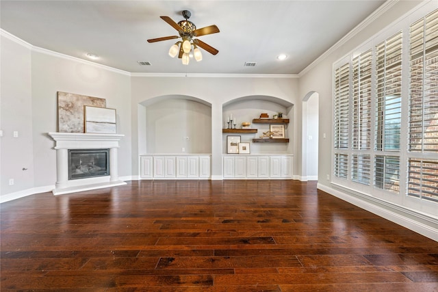 6055 The Resort Blvd, Fort Worth, TX 76179 - unfurnished living room featuring a ceiling fan, hardwood / wood-style flooring, ornamental molding, a glass covered fireplace, and recessed lighting