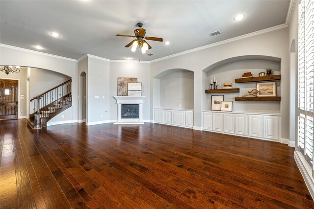 6055 The Resort Blvd, Fort Worth, TX 76179 - unfurnished living room with a ceiling fan, a glass covered fireplace, hardwood / wood-style flooring, recessed lighting, and stairway