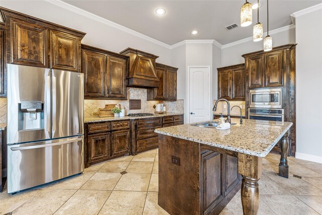 6055 The Resort Blvd, Fort Worth, TX 76179 - kitchen with appliances with stainless steel finishes, a sink, premium range hood, light stone countertops, and ornamental molding