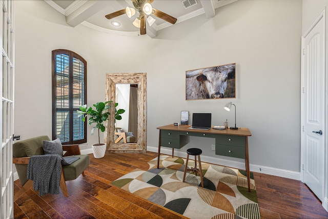 6055 The Resort Blvd, Fort Worth, TX 76179 - office area featuring crown molding, beamed ceiling, a ceiling fan, wood-type flooring, and baseboards
