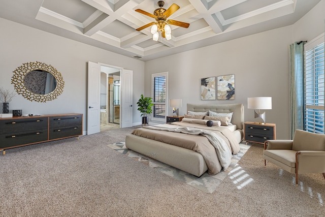 6055 The Resort Blvd, Fort Worth, TX 76179 - bedroom with coffered ceiling, beam ceiling, carpet floors, ornamental molding, and ceiling fan