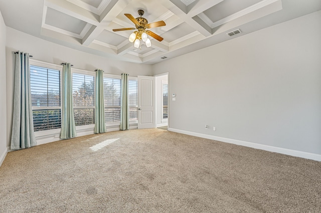 6055 The Resort Blvd, Fort Worth, TX 76179 - spare room with carpet floors, beam ceiling, baseboards, ceiling fan, and coffered ceiling