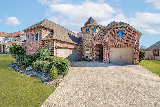 6055 The Resort Blvd, Fort Worth, TX 76179 - french country inspired facade with brick siding, concrete driveway, a shingled roof, a front yard, and an attached garage