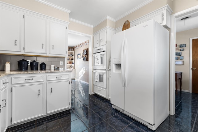 kitchen featuring crown molding, white appliances, visible vents, and white cabinets