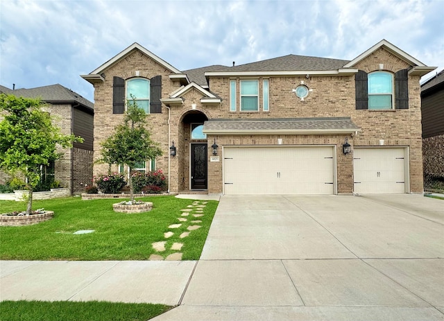 6025 Pine River Ln, Fort Worth, TX 76179 - traditional-style home with a garage, concrete driveway, a front yard, brick siding, and roof with shingles