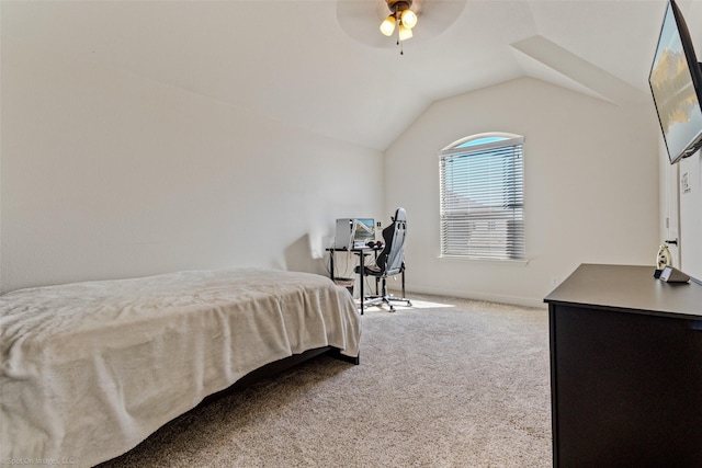 bedroom with lofted ceiling, carpet flooring, ceiling fan, and baseboards