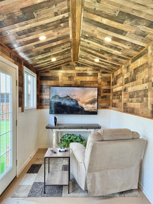 6025 Pine River Ln, Fort Worth, TX 76179 - living area featuring wooden ceiling, wood walls, and lofted ceiling