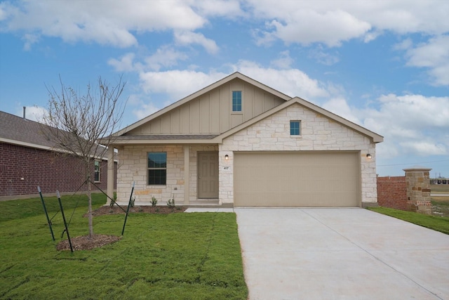 view of front of property featuring a garage, concrete driveway, board and batten siding, and a front lawn