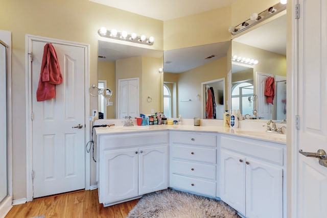 bathroom with double vanity, wood finished floors, and a sink