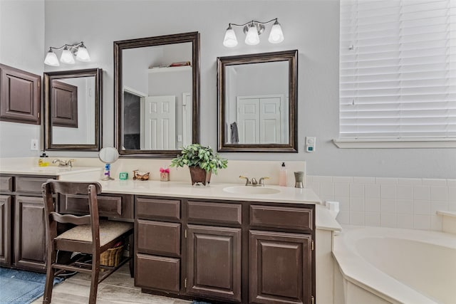 full bath featuring wood finished floors, a sink, a bath, and double vanity