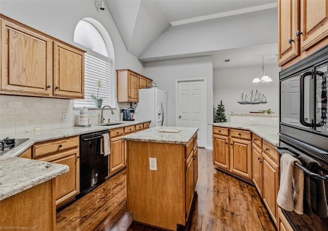 8502 Linda Vista Dr, Rowlett, TX 75088 - kitchen featuring black appliances, dark wood-style flooring, light stone countertops, decorative backsplash, and vaulted ceiling