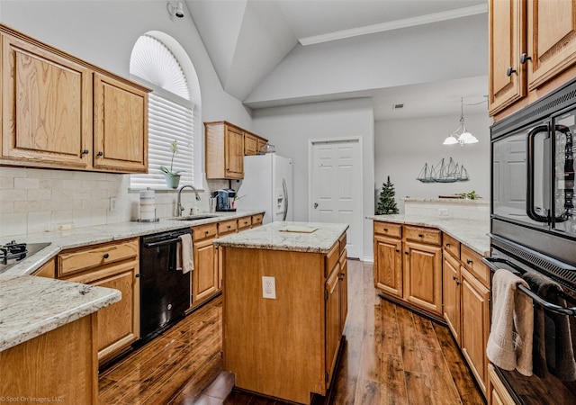 kitchen with decorative backsplash, dark wood-type flooring, vaulted ceiling, black appliances, and a sink