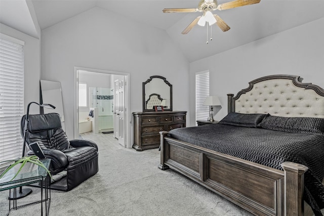 8502 Linda Vista Dr, Rowlett, TX 75088 - bedroom featuring light carpet, vaulted ceiling, ensuite bath, ceiling fan, and multiple windows