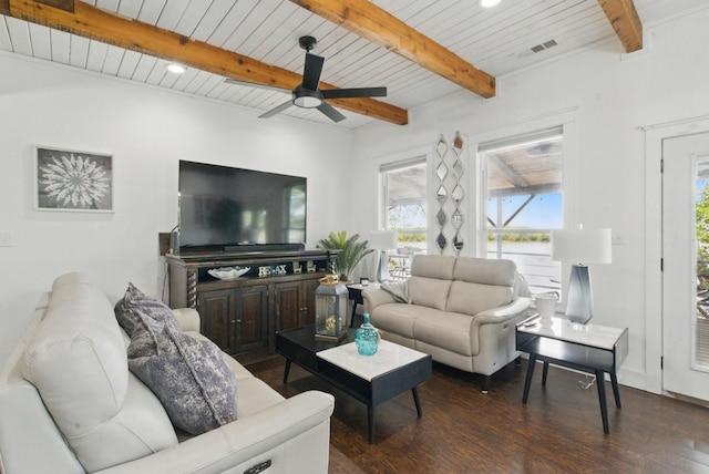 living area featuring dark wood-type flooring, a healthy amount of sunlight, and beamed ceiling